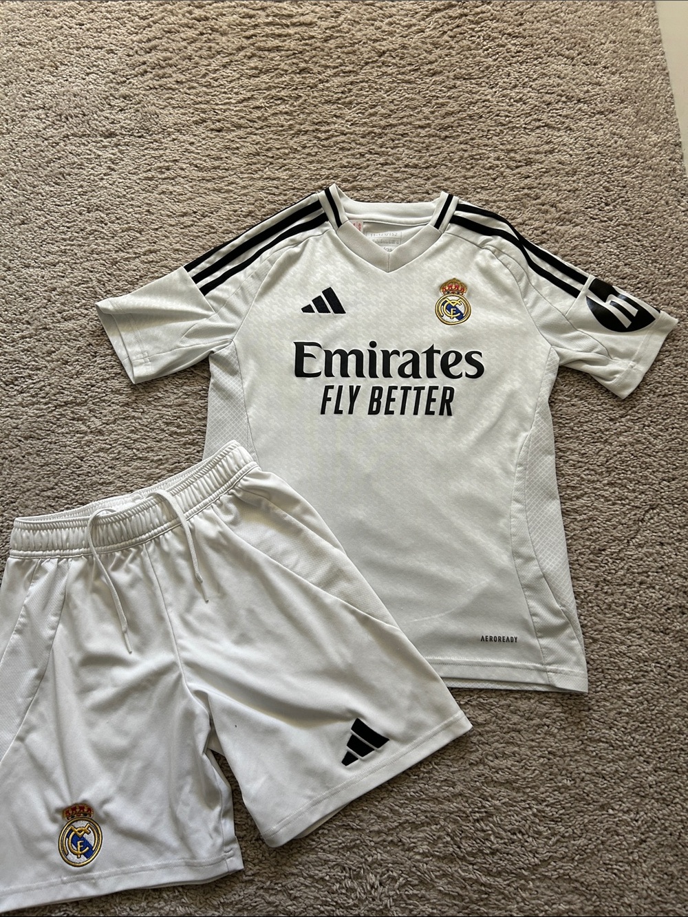2024 Adidas Real Madrid Kids White Home Jersey & Shorts Set